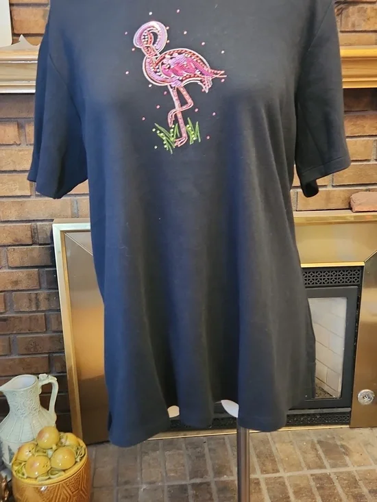 Quacker Factory By Jeanne Bicea Black Tee with Pink Sequin Flamingo Size L - Picture 3 of 15